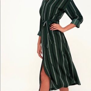 Dark green striped button up midi dress